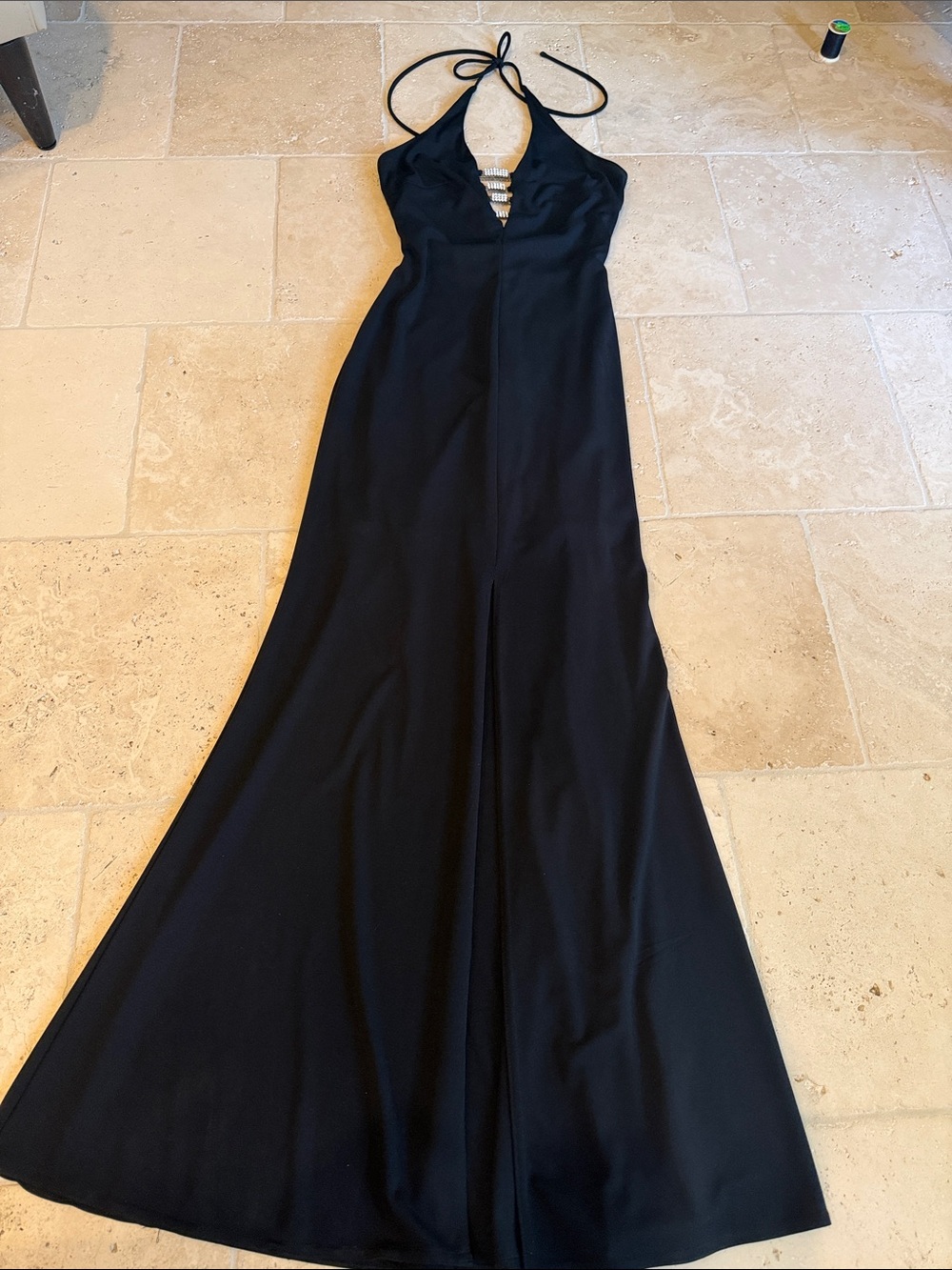 Morgan & Co. Black Halter Evening Gown with Metallic Front Straps